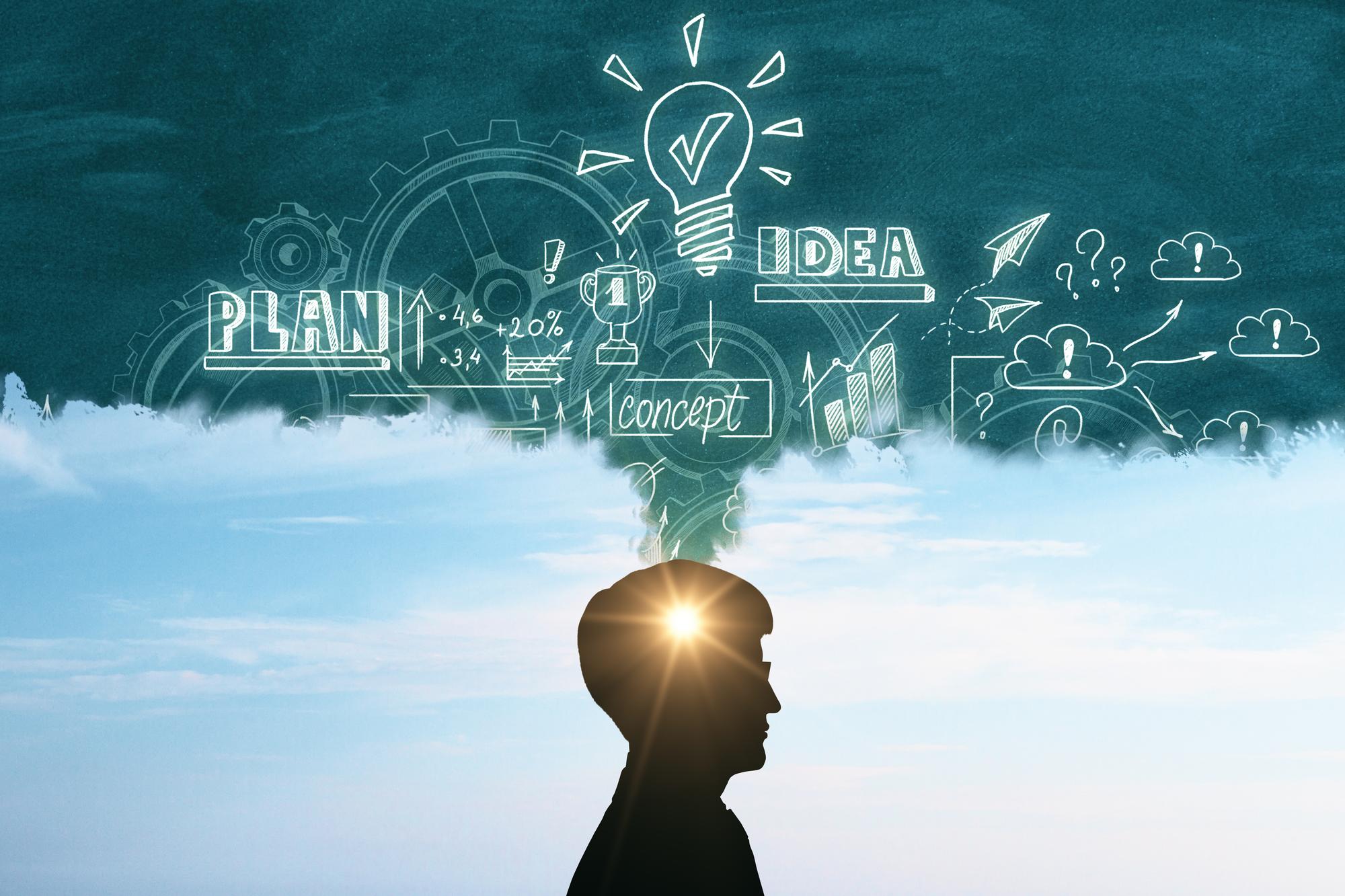 تصویر فردی که در حال تفکر است و افکار مرتبط با برنامه‌ریزی، ایده‌ها و مفاهیم تجاری در ذهنش به تصویر کشیده شده‌اند.