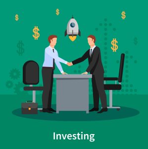 تصویر دو کارمند در حال دست‌دادن برای توافق سرمایه‌گذاری و رشد مالی در یک ایلوستریشن کسب‌وکار