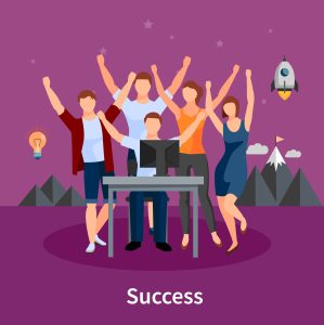 ایلوستریشن گروهی از اعضای تیم که پس از موفقیت پروژه با شادی و هیجان جشن می‌گیرند